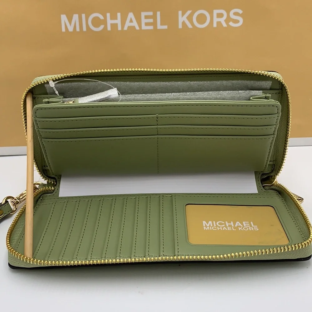 MICHAEL KORS Leather Continental Wristlet Phone Case Wallet Light Sage NWT